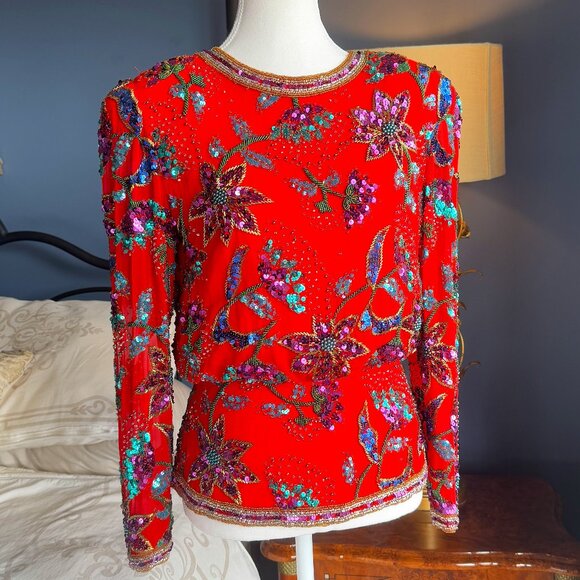 Vintage Tops - 80s 100% Silk Red Beaded Rhinestone Sequinned Long Sleeved Top